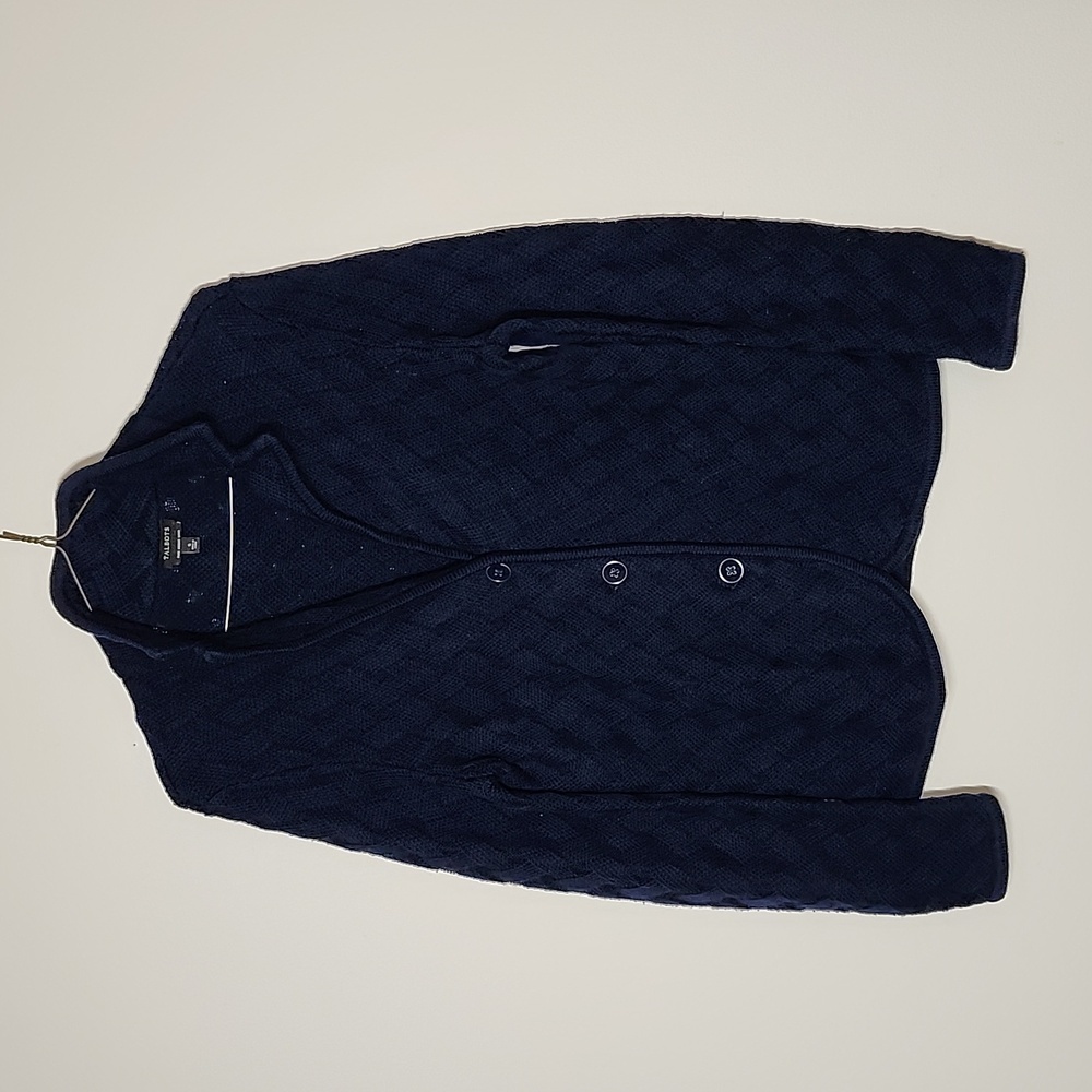 Talbots 100 merino wool basket weave knit sweater blazer Navy blue womens small
